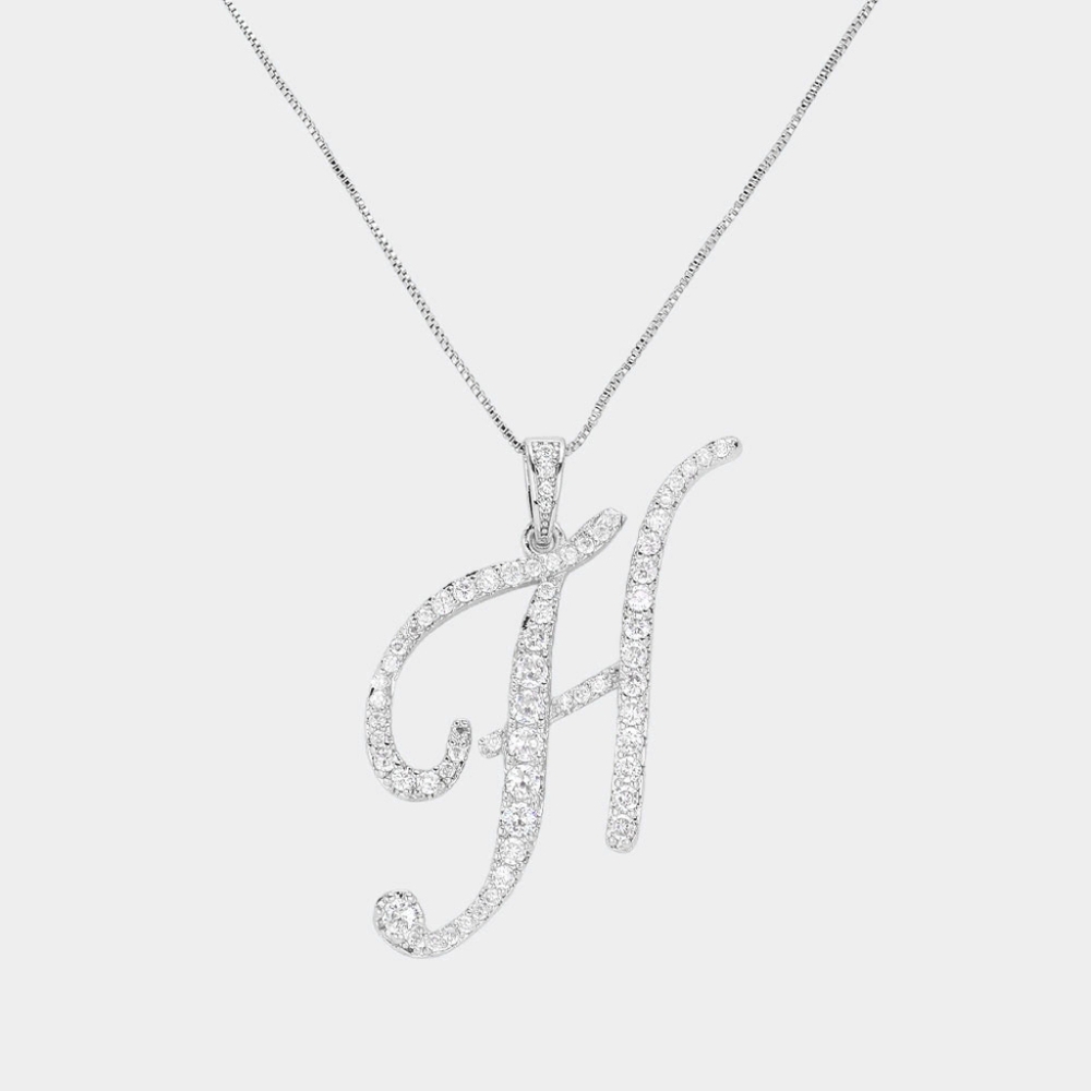 Silver H CZ Monogram Pendant Chain Necklace Rhinestone Crystal Initial Charm - Picture 4 of 5